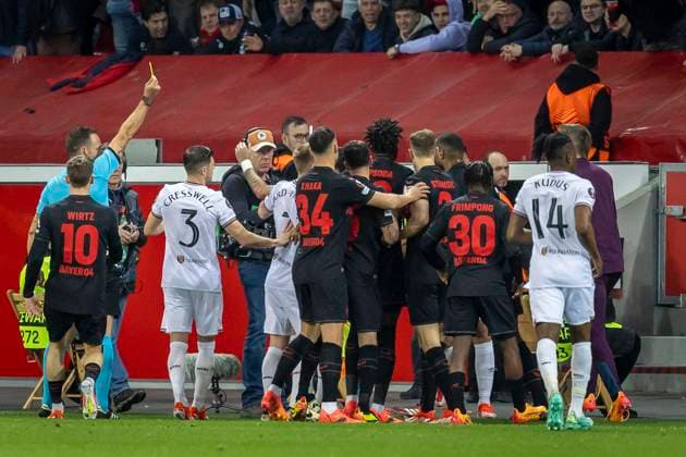 UEFA Europa League, Bayer 04 Leverkusen vs West Ham United, 11 04 2024 Leverkusen, Germany April 11 Lucas Paqueta West Ham United, 10 received the yellow card after causing a foul during the UEFA Europa Leeague quarter finals between UEFA Europa League, Bayer 04 Leverkusen vs West Ham United at BayArena on April 11, 2024 in Leverkusen, Germany DFL REGULATIONS PROHIBIT ANY USE OF PHOTOGRAPHS AS IMAGE SEQUENCES AND OR QUASI VIDEO Copyright: xBEAUTIFULxSPORTS AxelxKohringx