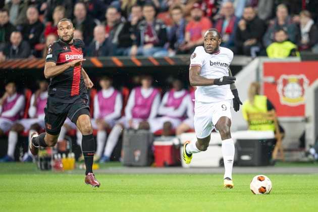 Football UEFA Europa League, season 2023 2024, quarter-final, first leg, Bayer 04 Leverkusen West Ham United on 11 04 2024 at the BayArena in Leverkusen duel between Jonathan Tah Bayer 04 Leverkusen, 04 and Michail Antonia West Ham United, 09 Photo Kirchner Media TH Copyright: xKirchner-Media THx