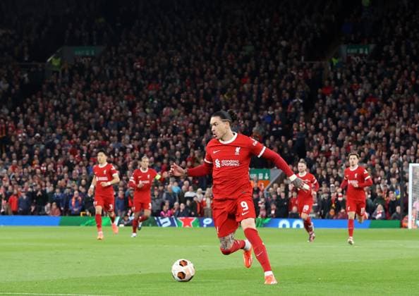 11th April 2024; Anfield, Liverpool, Merseyside, England; Europa League, Quarter Final;, First Leg Football, Liverpool versus Atalanta; Darwin Nunez of Liverpool runs with the ball  ActionPlus12628460 DavidxBlunsden