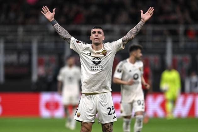 Fußball, EL, AC Mailand - AS Rom Db Milano 11 04 2024 - Europa League Milan-Roma foto Daniele Buffa Image nella foto: esultanza gol Gianluca Mancini 