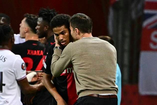 Amine Adli 21 Bayer 04 Leverkusen and head coach Xabi Alonso Bayer 04 Leverkusen , Bayer Leverkusen vs West Ham United, Football, Europa League, quarter-final, first leg, 11 04 2024 Leverkusen North Rhine-Westphalia Germany Copyright: xkolbert-press MarcxNiemeyerx