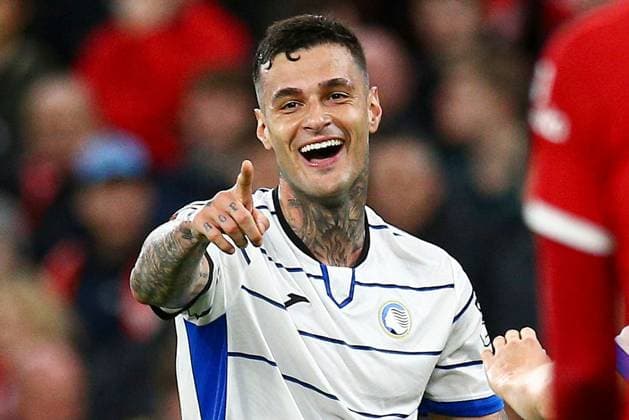 Fußball, EL, FC Liverpool - Atalanta Bergamo Gianluca Scamacca of Atalanta celebrates scoring a goal for their side to make it 1-0 Liverpool v Atalanta, UEFA Europa League, Quarter Final, First Leg, Football, Anfield, Liverpool, UK - 11 Apr 2024 EDITORIAL USE ONLY No use with unauthorised audio, video, data, fixture lists, club league logos or live services. Online in-match use limited to 120 images, no video emulation. No use in betting, games or single club league player publications. Copyright: xMattxWest Shutterstockx 14424886ap