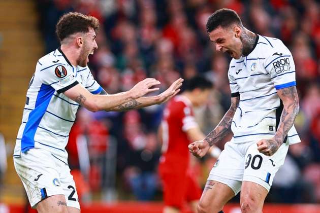 Gianluca Scamacca of (Atalanta) celebrates his opening goal , UEFA Europa League 2023 2024 - Quarter-finals First Leg, Liverpool FC vs Atalanta, Anfield, April 11, 2024, Liverpool, United Kingdom.