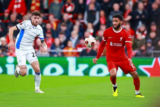 Matteo Ruggeri of (Atalanta) chases down Joe Gomez (Liverpool) , UEFA Europa League 2023 2024 - Quarter-finals First Leg, Liverpool FC vs Atalanta, Anfield, April 11, 2024, Liverpool, United Kingdom.