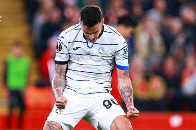 Gianluca Scamacca of (Atalanta) celebrates his opening goal , UEFA Europa League 2023 2024 - Quarter-finals First Leg, Liverpool FC vs Atalanta, Anfield, April 11, 2024, Liverpool, United Kingdom.