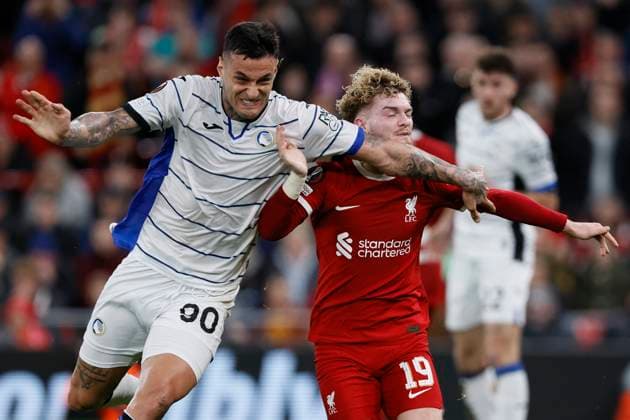 Liverpool FC v Atalanta: Quarter-Final First Leg - UEFA Europa League 2023 24 Gianluca Scamacca of Atalanta and Harvey Elliott of Liverpool challenge during the UEFA Europa League 2023 24 Quarter-Final first leg match between Liverpool FC and Atalanta at Anfield on April 11, 2024 in Liverpool, England. Liverpool Anfield England United Kingdom Copyright: xRichardxSellers Sportsphoto APLx 13971884