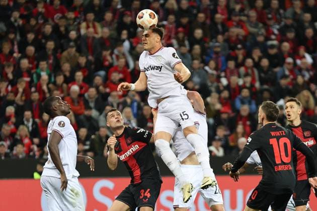 Konstantinos Mavropanos West Ham United in the Europa League quarter-final first leg Bayer 04 Leverkusen West Ham United Copyright Thomas Pakusch Copyright: Thomas Pakusch