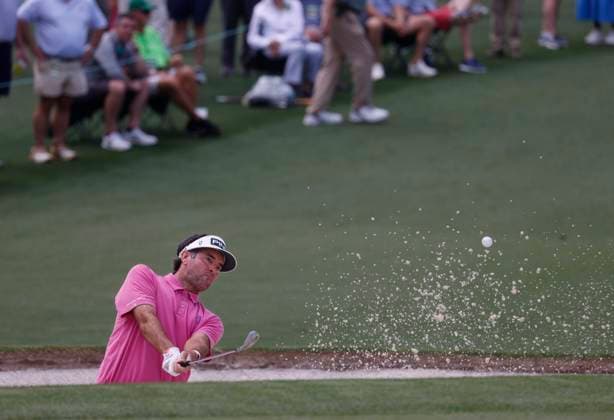 Bubba Watson hits out of a bunker on the second hole during the first round of the Masters Tournament at Augusta National Golf Club in Augusta, Georgia on Thursday, April 11, 2024.  AUG20240411580 TANNENxMAURY