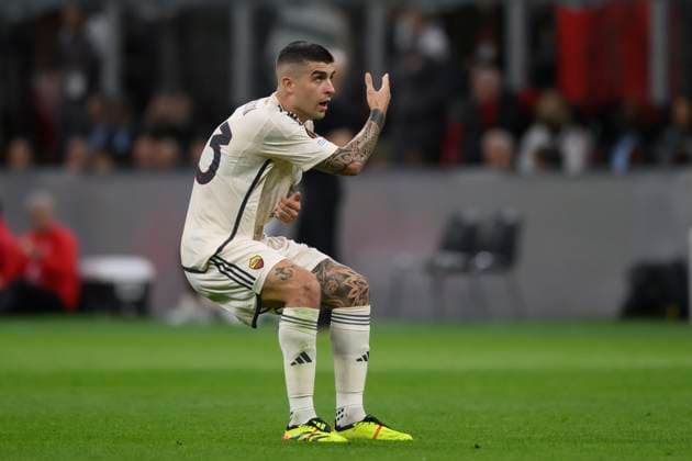 Fußball, EL, AC Mailand - AS Rom AC Milan v AS Roma - UEFA Europa League Gianluca Mancini of AS Roma celebrates after scoring a goal during the UEFA Europa League quarter-final first leg football match between AC Milan and AS Roma. Milan Italy Copyright: xNicolòxCampox