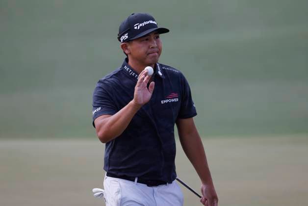 Golf, PGA, Masters Tournament in Augusta Kurt Kitayama reacts after sinking a putt on the second hole during the first round of the Masters Tournament at Augusta National Golf Club in Augusta, Georgia on Thursday, April 11, 2024.  AUG20240411587 TANNENxMAURY