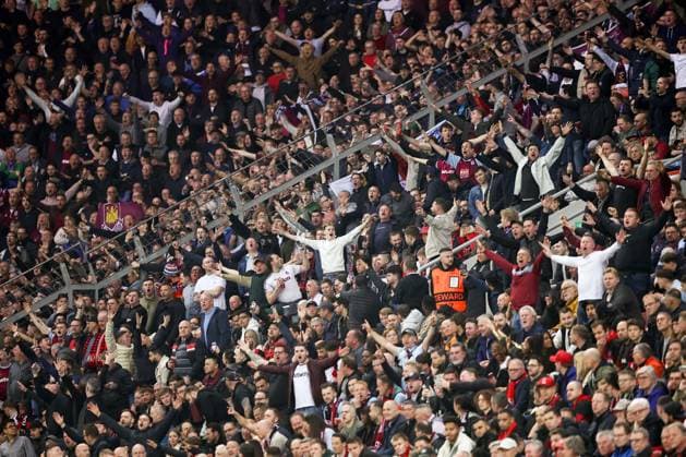 West Ham United fans in the away and home end during the UEFA Europa League Quarter Final first leg match between Bayer Leverkusen and West Ham United at BayArena. Featuring: Atmosphere Where: Leverkusen, North Rhine-Westphalia, Germany When: 11 Apr 2024 Credit: Daniel phcimages Cover Images **NOT AVAILABLE FOR PUBLICATION IN UK NEWSPAPERS** EDITORIAL USE ONLY. RESTRICTED TO NEWSPAPERS BASED IN THE UK Copyright: xx coverimg53634878