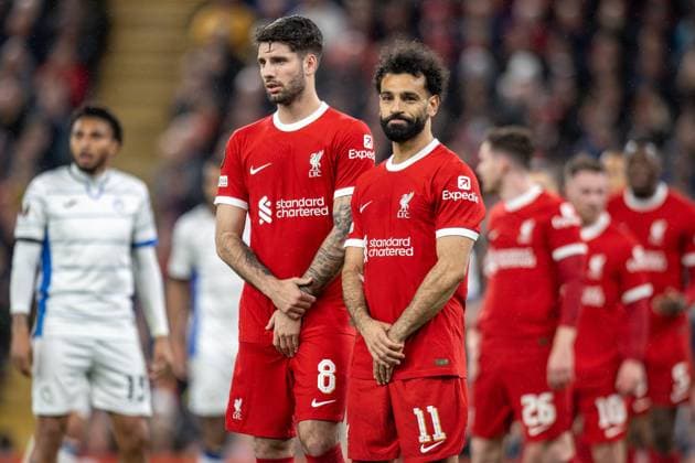 Liverpool v Atalanta Europa League 11 04 2024. Liverpool midfielder Dominik Szoboszlai (8) and Liverpool forward Mohamed Salah (11) form a wall during the Europa League match between Liverpool and Atalanta at Anfield, Liverpool, England on 11 April 2024. Editorial use only , Copyright: xIanxStephenx PSI-19426-0029