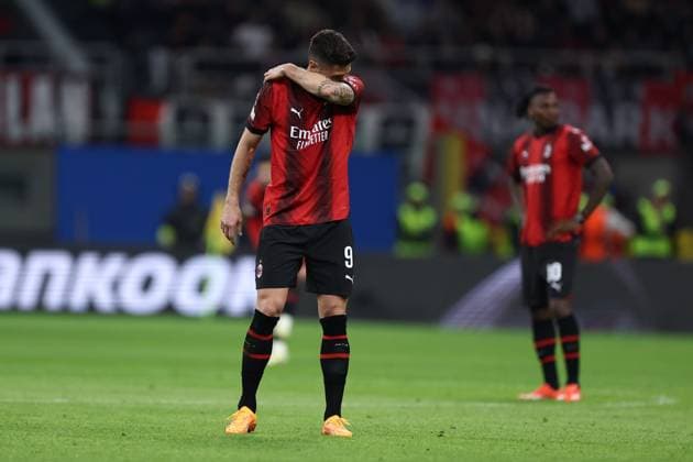 Olivier Giroud (Ac Milan) looks dejected, Uefa Europa League, Ac Milan - As Roma, Stadio Giuseppe Meazza, April 11, 2024, Milano, Italy.