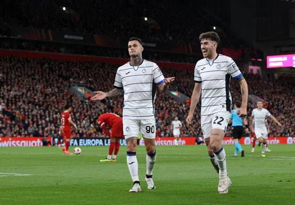 11th April 2024; Anfield, Liverpool, Merseyside, England; Europa League, Quarter Final;, First Leg Football, Liverpool versus Atalanta; Gianluca Scamacca of Atalanta celebrates after scoring for 0-2 after 60 minutes  ActionPlus12628522 DavidxBlunsden
