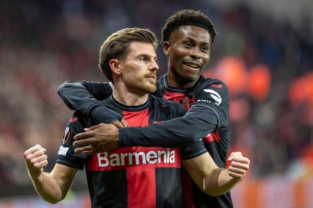 UEFA Europa League, Bayer 04 Leverkusen vs West Ham United, 11 04 2024 Leverkusen, Germany April 11 Jonas Hofmann Bayer 04 Leverkusen,7 marked the 1 0, behind him Nathan Tella Bayer 04 Leverkusen, 19 during the UEFA Europa Leeague quarter finals between UEFA Europa League, Bayer 04 Leverkusen vs West Ham United at BayArena on April 11, 2024 in Leverkusen, Germany DFL REGULATIONS PROHIBIT ANY USE OF PHOTOGRAPHS AS IMAGE SEQUENCES AND OR QUASI VIDEO Copyright: xBEAUTIFULxSPORTS AxelxKohringx