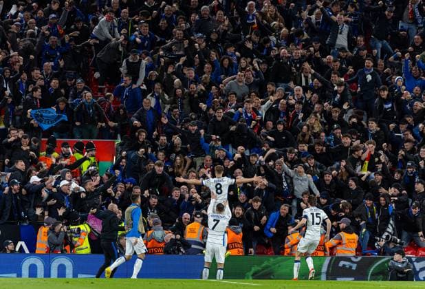 Football - UEFA Europa League - Quarter-Final 1st Leg - Liverpool FC v BC Atalanta LIVERPOOL, ENGLAND - Thursday, April 11, 2024: Atalanta s Mario PaÅ¡aliÄ‡ celebrates after scoring the third goal during the UEFA Europa League Quarter-Final 1st Leg match between Liverpool FC and BC Atalanta at Anfield. (Photo by David Rawcliffe Propaganda) LIVERPOOL Anfield MERSEYSIDE ENGLAND  Copyright: xDavidxRawcliffex P2024-04-11-Liverpool_Atalanta-75