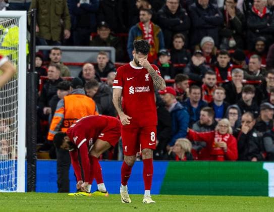 Football - UEFA Europa League - Quarter-Final 1st Leg - Liverpool FC v BC Atalanta LIVERPOOL, ENGLAND - Thursday, April 11, 2024: Liverpool s Dominik Szoboszlai looks dejected as Atalanta score the third goal during the UEFA Europa League Quarter-Final 1st Leg match between Liverpool FC and BC Atalanta at Anfield. (Photo by David Rawcliffe Propaganda) LIVERPOOL Anfield MERSEYSIDE ENGLAND  Copyright: xDavidxRawcliffex P2024-04-11-Liverpool_Atalanta-78