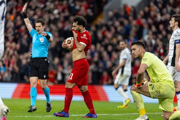 Football - UEFA Europa League - Quarter-Final 1st Leg - Liverpool FC v BC Atalanta LIVERPOOL, ENGLAND - Thursday, April 11, 2024: Liverpool s Mohamed Salah looks dejected as his goal is ruled out for off-side during the UEFA Europa League Quarter-Final 1st Leg match between Liverpool FC and BC Atalanta at Anfield. (Photo by David Rawcliffe Propaganda) LIVERPOOL Anfield MERSEYSIDE ENGLAND  Copyright: xDavidxRawcliffex P2024-04-11-Liverpool_Atalanta-80
