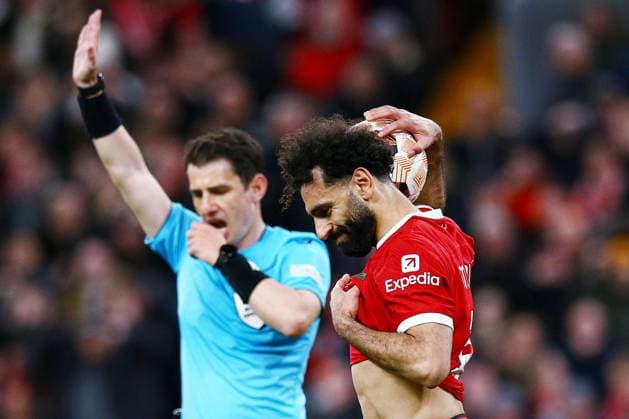 Mohamed Salah of Liverpool shows a look of dejection after their goal is disallowed Liverpool v Atalanta, UEFA Europa League, Quarter Final, First Leg, Football, Anfield, Liverpool, UK - 11 Apr 2024 EDITORIAL USE ONLY No use with unauthorised audio, video, data, fixture lists, club league logos or live services. Online in-match use limited to 120 images, no video emulation. No use in betting, games or single club league player publications. Copyright: xMattxWest Shutterstockx 14424886cb
