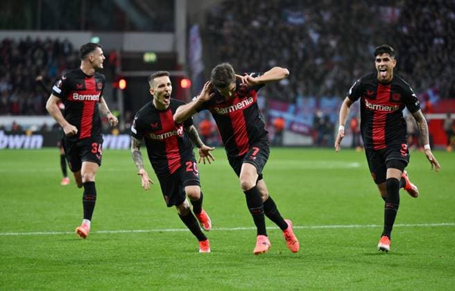 Cheer Jonas Hofmann Bayer 04 Leverkusen 1 0 11 04 2024, Football Europa League, Season 2023 2024, Quarter-final first leg, Bayer 04 Leverkusen West Ham United Leverkusen BayArena Nordrhein Westfalen Germany Team2
