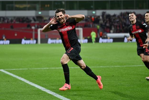Cheer Jonas Hofmann Bayer 04 Leverkusen 1 0 11 04 2024, Football Europa League, Season 2023 2024, Quarter-final first leg, Bayer 04 Leverkusen West Ham United Leverkusen BayArena Nordrhein Westfalen Germany Team2