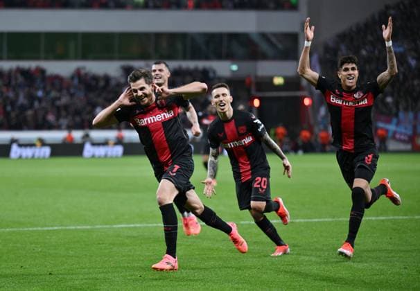 Cheer Jonas Hofmann Bayer 04 Leverkusen 1 0 11 04 2024, Football Europa League, Season 2023 2024, Quarter-final first leg, Bayer 04 Leverkusen West Ham United Leverkusen BayArena Nordrhein Westfalen Germany Team2