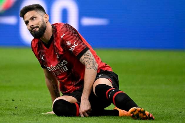 Olivier Giroud of AC Milan reacts during the Europa League football match between AC Milan and AS Roma at San Siro stadium in Milano (Italy), April 11th, 2024. AndreaxStaccioli
