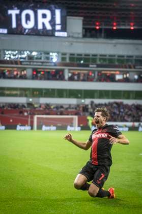 UEFA Europa League, Bayer 04 Leverkusen vs West Ham United, 11 04 2024 Leverkusen, Germany April 11 Jonas Hofmann Bayer 04 Leverkusen,7 is happy about his 1 0 goal during the UEFA Europa Leeague quarter finals between UEFA Europa League, Bayer 04 Leverkusen vs West Ham United at BayArena on April 11, 2024 in Leverkusen, Germany DFL REGULATIONS PROHIBIT ANY USE OF PHOTOGRAPHS AS IMAGE SEQUENCES AND OR QUASI VIDEO Copyright: xBEAUTIFULxSPORTS AxelxKohringx