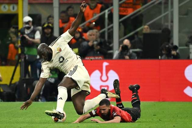 Romelu Lukaku of AS Roma and Ismael Bennacer of AC Milan during the Europa League football match between AC Milan and AS Roma at San Siro stadium in Milano (Italy), April 11th, 2024. AndreaxStaccioli