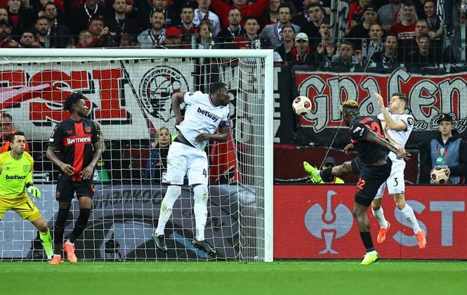 Victor Boniface of Beyern Leverkusen scores their sides second goal Bayer 04 Leverkusen v West Ham United, UEFA Europa League, Quarter Final, First Leg, Football, BayArena, Leverkusen, Germany - 11 Apr 2024 EDITORIAL USE ONLY No use with unauthorised audio, video, data, fixture lists, club league logos or live services. Online in-match use limited to 120 images, no video emulation. No use in betting, games or single club league player publications.  Copyright: xMichaelxZemanek Shutterstockx 14424882an
