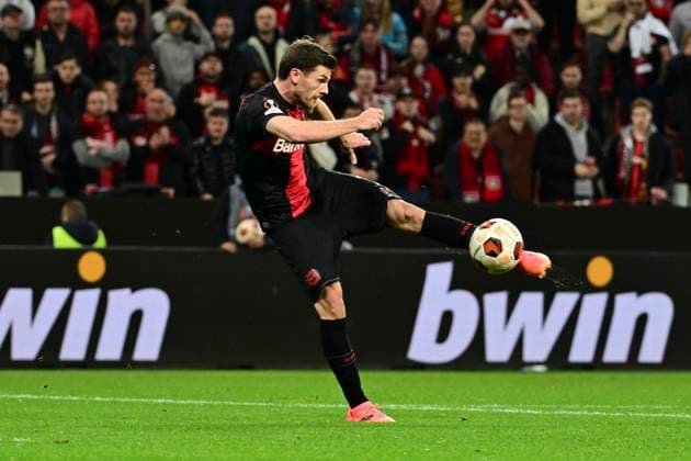 Goal for 1 0 by Jonas Hofmann 7 Bayer 04 Leverkusen , Bayer Leverkusen vs West Ham United, Soccer, Europa League, Quarter-final, First leg, 11 04 2024 Leverkusen Nordrhein Westfalen Germany Copyright: xkolbert-press MarcxNiemeyerx