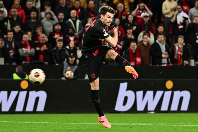 Goal for 1 0 by Jonas Hofmann 7 Bayer 04 Leverkusen , Bayer Leverkusen vs West Ham United, Soccer, Europa League, Quarter-final, First leg, 11 04 2024 Leverkusen Nordrhein Westfalen Germany Copyright: xkolbert-press MarcxNiemeyerx