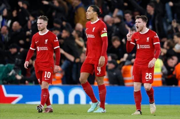 Liverpool FC v Atalanta: Quarter-Final First Leg - UEFA Europa League 2023 24 Alexis Mac Allister, Virgil van Dijk and Andrew Robertson of Liverpool looks dejected during the UEFA Europa League 2023 24 Quarter-Final first leg match between Liverpool FC and Atalanta at Anfield on April 11, 2024 in Liverpool, England. Liverpool Anfield England United Kingdom Copyright: xRichardxSellers Sportsphoto APLx 13971901