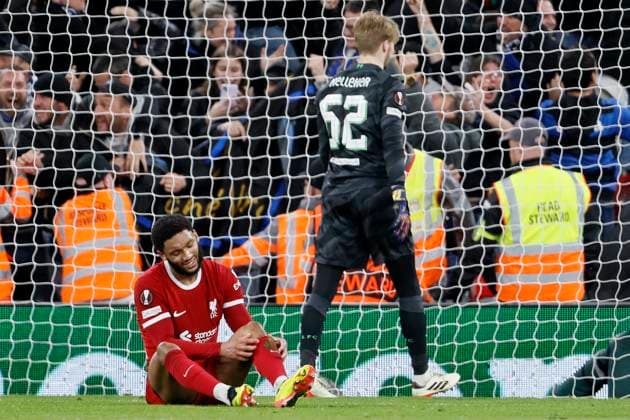 Liverpool FC v Atalanta: Quarter-Final First Leg - UEFA Europa League 2023 24 Joe Gomez and Caoimhin Kelleher goalkeeper of Liverpool after going 3 down during the UEFA Europa League 2023 24 Quarter-Final first leg match between Liverpool FC and Atalanta at Anfield on April 11, 2024 in Liverpool, England. Liverpool Anfield England United Kingdom Copyright: xRichardxSellers Sportsphoto APLx 13971902
