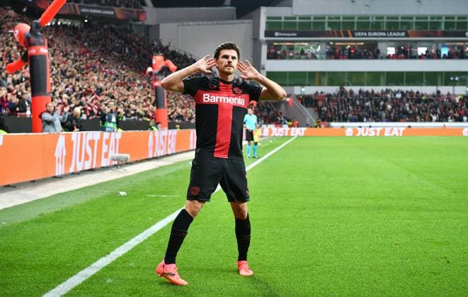 Football, Europa League, Germany, Men, Season 2023 2024, Quarter-final first leg, BayArena Leverkusen, Bayer Leverkusen FC West Ham United cheer Jonas Hofmann LEV after his goal to 1 0 cheer, joy, action UEFA REGULATES PROHIBIT ANY USE OF PHOTOGRAPHS AS IMAGE SEQUENCES AND OR QUASI VIDEO