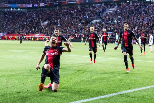 Leverkusen, Bayarena, 11 04 2024 Jonas Hofmann Leverkusen celebrates scoring the 1 0 goal during the Europa League match Bayer 04 Leverkusen vs West Ham United