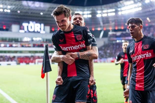 Leverkusen, Bayarena, 11 04 2024 Jonas Hofmann Leverkusen celebrates scoring the 1 0 goal with Granit Xhaka Leverkusen during the Europa League match Bayer 04 Leverkusen vs West Ham United