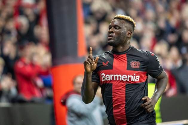 UEFA Europa League, Bayer 04 Leverkusen vs West Ham United, 11 04 2024 Leverkusen, Germany April 11 Victor Boniface Bayer 04 Leverkusen, 22 heads the 2 0 goal during the UEFA Europa Leeague quarter finals between UEFA Europa League, Bayer 04 Leverkusen vs West Ham United at BayArena on April 11, 2024 in Leverkusen, Germany DFL REGULATIONS PROHIBIT ANY USE OF PHOTOGRAPHS AS IMAGE SEQUENCES AND OR QUASI VIDEO Copyright: xBEAUTIFULxSPORTS AxelxKohringx