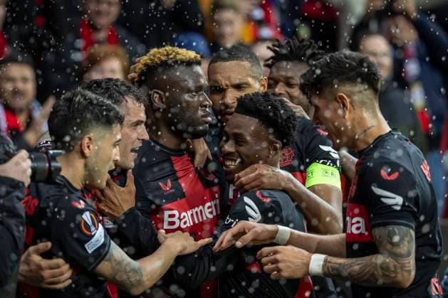 UEFA Europa League, Bayer 04 Leverkusen vs West Ham United, 11 04 2024 Leverkusen, Germany April 11 In the rain of beer Victor Boniface Bayer 04 Leverkusen, 22 heads the 2 0 goal during the UEFA Europa Leeague quarter finals between UEFA Europa League, Bayer 04 Leverkusen vs West Ham United at BayArena on April 11, 2024 in Leverkusen, Germany DFL REGULATIONS PROHIBIT ANY USE OF PHOTOGRAPHS AS IMAGE SEQUENCES AND OR QUASI VIDEO Copyright: xBEAUTIFULxSPORTS AxelxKohringx