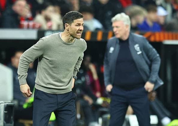 Xabi Alonso manager of Beyern Leverkusen and David Moyes manager of West Ham United Bayer 04 Leverkusen v West Ham United, UEFA Europa League, Quarter Final, First Leg, Football, BayArena, Leverkusen, Germany - 11 Apr 2024 EDITORIAL USE ONLY No use with unauthorised audio, video, data, fixture lists, club league logos or live services. Online in-match use limited to 120 images, no video emulation. No use in betting, games or single club league player publications. Copyright: xMichaelxZemanek Shutterstockx 14424882av