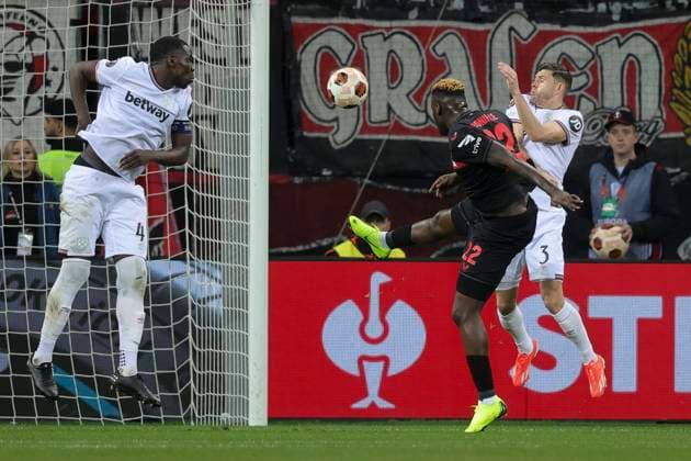 Bayer Leverkusen v West Ham United UEFA Europa League Victor Boniface of Bayer Leverkusen scores his sides 2nd goal during the UEFA Europa League Quarter-Final First Leg match at BayArena, Leverkusen Copyright: xPaulxChestertonx FIL-20009-0048 UK Newspapers OUT