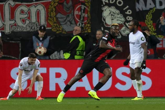 Bayer Leverkusen v West Ham United UEFA Europa League Victor Boniface of Bayer Leverkusen celebrates scoring his sides 2nd goal during the UEFA Europa League Quarter-Final First Leg match at BayArena, Leverkusen Copyright: xPaulxChestertonx FIL-20009-0052 UK Newspapers OUT