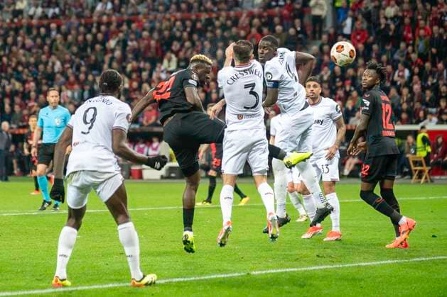 Football UEFA Europa League, 2023 2024 season, quarter-final, first leg, Bayer 04 Leverkusen West Ham United on 11 04 2024 at BayArena in Leverkusen Victor Boniface Bayer 04 Leverkusen, 22 scores the goal with his header to make it 2 0 Photo Kirchner Media TH Copyright: xKirchner-Media THx