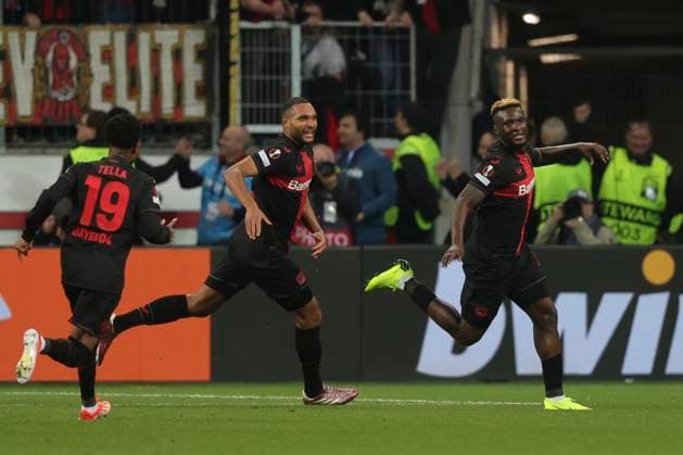Bayer Leverkusen v West Ham United UEFA Europa League Victor Boniface of Bayer Leverkusen celebrates scoring his sides 2nd goal during the UEFA Europa League Quarter-Final First Leg match at BayArena, Leverkusen Copyright: xPaulxChestertonx FIL-20009-0055 UK Newspapers OUT