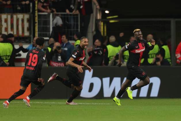 Bayer Leverkusen v West Ham United UEFA Europa League Victor Boniface of Bayer Leverkusen celebrates scoring his sides 2nd goal during the UEFA Europa League Quarter-Final First Leg match at BayArena, Leverkusen Copyright: xPaulxChestertonx FIL-20009-0056 UK Newspapers OUT