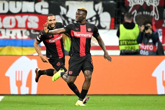 LEVERKUSEN - Victor Boniface of Bayer 04 Leverkusen celebrates the 2-0 during the UEFA Europa League quarter-final match between Bayer 04 Leverkusen and West Ham United at the BayArena on April 11, 2024 in Leverkusen, Germany. ANP Hollandse Hoogte UEFA Europa League 2023 24 2023 2024 xVIxANPxSportx xGerritxvanxKeulenxIVx 495769821 originalFilename: 495769821.jpg
