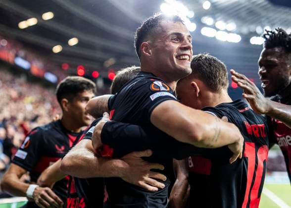 Leverkusen, Bayarena, 11 04 2024 Jonas Hofmann Leverkusen celebrates scoring the 1 0 goal with Granit Xhaka Leverkusen during the Europa League match Bayer 04 Leverkusen vs West Ham United