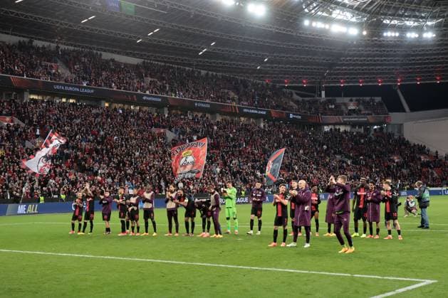 Bayer 04 Leverkusen players celebrate their 2-0 win in the Europa League quarter-final first leg Bayer 04 Leverkusen West Ham United Copyright Thomas Pakusch Copyright: Thomas Pakusch