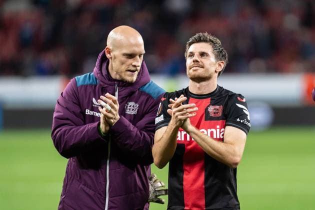GER, UEFA Europa League, Quarter-final Bayer Leverkusen vs West Ham United 11 04 2024, BayArena , Leverkusen, GER, UEFA Europa League, Quarter-final Bayer Leverkusen vs West Ham United In the picture Jonas Hofmann Bayer 04 Leverkusen, 7 Gestures, facial expressions, emotions, is happy nordphotoxGmbHxx xChristianxSchulze nph000300