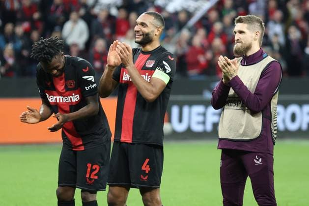 Bayer 04 Leverkusen players celebrate their 2-0 win in the Europa League quarter-final first leg Bayer 04 Leverkusen West Ham United Copyright Thomas Pakusch Copyright: Thomas Pakusch